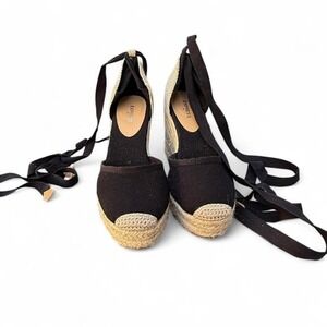 Express – Women's Espadrille Wedge Sandals – Size 6 – Black Canvas Ankle Tie